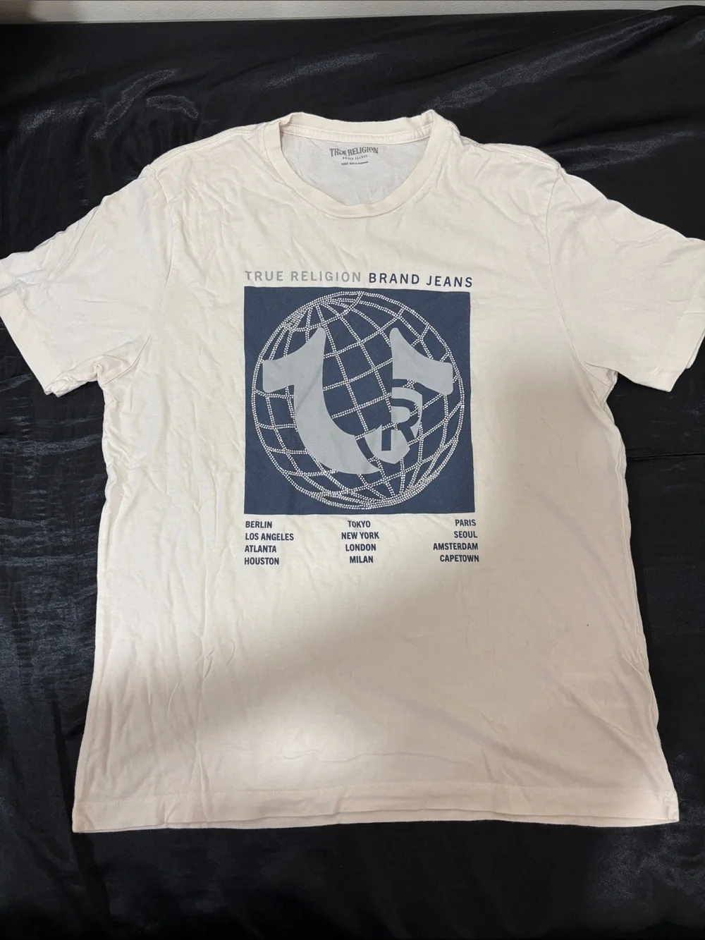 True Religion Men’s White Tee with Navy Globe Graphic